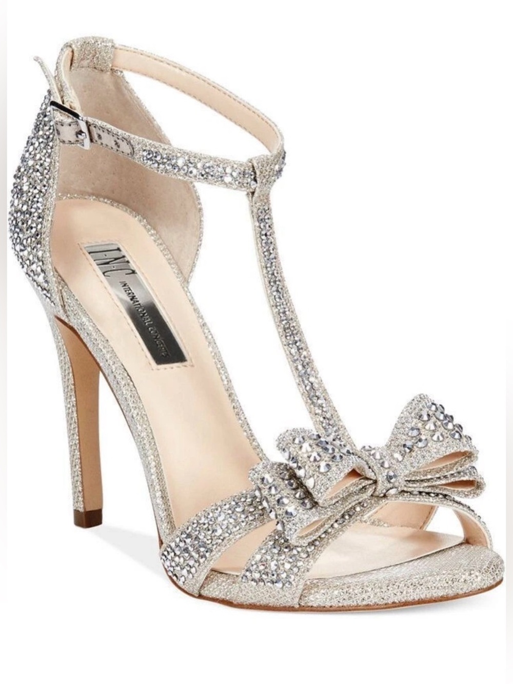 INC International Concepts Sparkling Silver T-Strap Bow High Heel Sandals